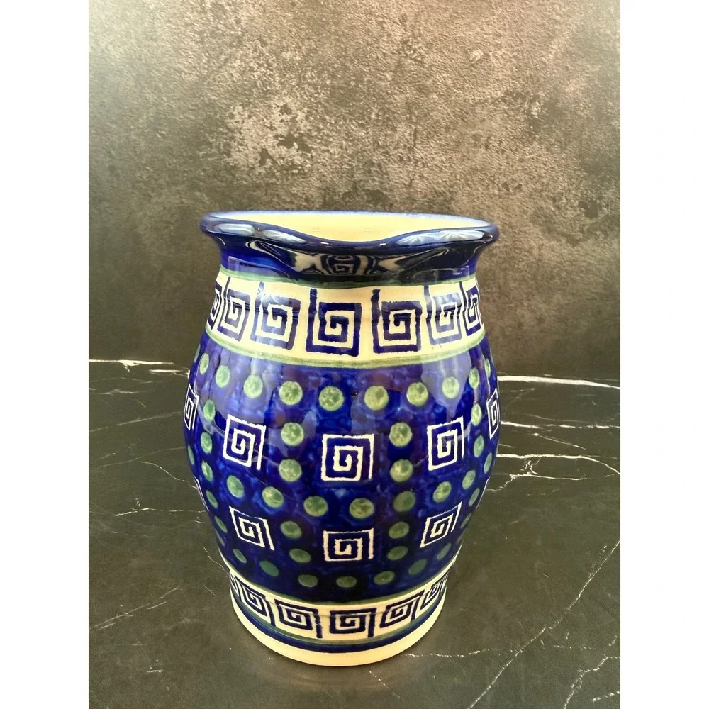 Greek Key Blue Green Stoneware 7in Tall Pitcher Heavy Boleslawiec Polish Style